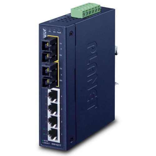 4-Port 10/100Base-TX + 2-Port 100Base-FX Industrial Ethernet Switch with Wide Operating Temperature (-40~75 degrees C) ISW-621T / ISW-621TS15