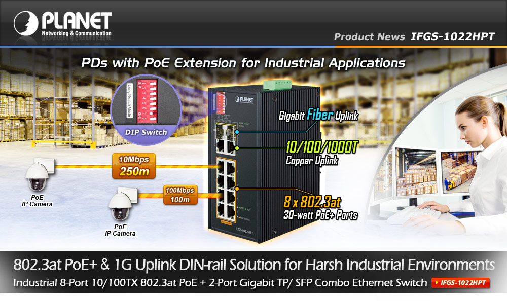 IFGS-1022HPT Industrial 8-Port 10/100TX 802.3at PoE + 2-Port Gigabit TP/SFP  Combo Ethernet Switch - Planet Technology USA