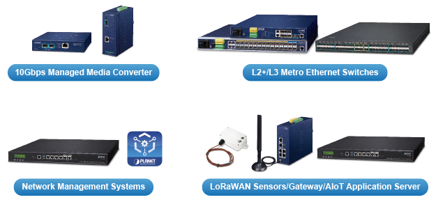 PLANET provides 10Gbps managed media converters, metro Ethernet switches, network management systems, LoRaWAN gateways and sensors