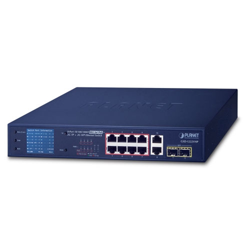 8-Port 10/100/1000T 802.3at PoE + 2-Port 10/100/1000T + 2-Port 1000X SFP Ethernet Switch with PoE LCD Monitor GSD-1222VHP