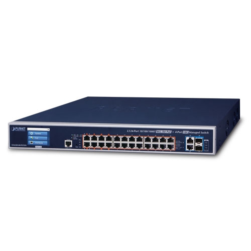 L3 24-Port 10/100/1000T 802.3bt PoE + 2-Port 10GBASE-T + 2-Port 10G SFP+ Managed Switch with LCD Touch Screen and Redundant Power GS-6320-24UP2T2XV
