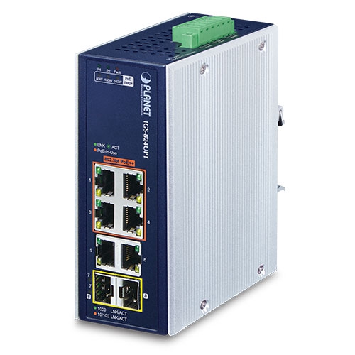 Industrial 4-Port 10/100/1000T 802.3bt PoE + 2-Port 10/100/1000T + 2-Port 100/1000X SFP Gigabit Ethernet Switch IGS-824UPT