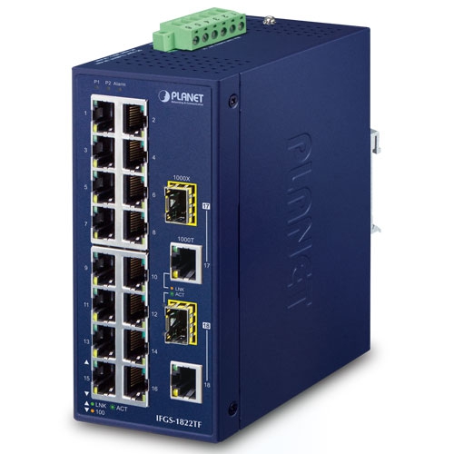 Industrial 16-Port 10/100TX + 2-Port Gigabit TP/SFP Combo Ethernet Switch IFGS-1822TF