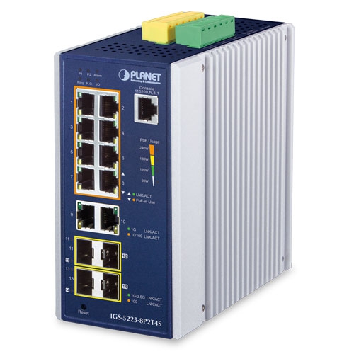 Industrial L2+ 8-Port 10/100/1000T 802.3at PoE + 2-Port 10/100/1000T + 2-Port 100/1G SFP + 2-Port 100/1G/2.5G SFP Managed Ethernet Switch IGS-5225-8P2T4S