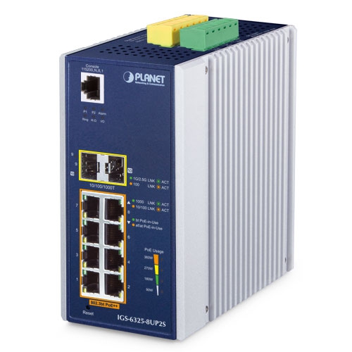 Industrial L3 8-Port 10/100/1000T 802.3bt PoE + 2-Port 100/1000X SFP Managed Ethernet Switch IGS-6325-8UP2S