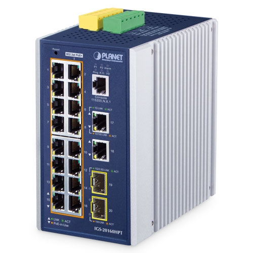 Industrial L3 16-Port 10/100/1000T 802.3at PoE + 2-Port 10/100/1000T + 2-Port 1G/2.5G SFP Managed Ethernet Switch IGS-20160HPT