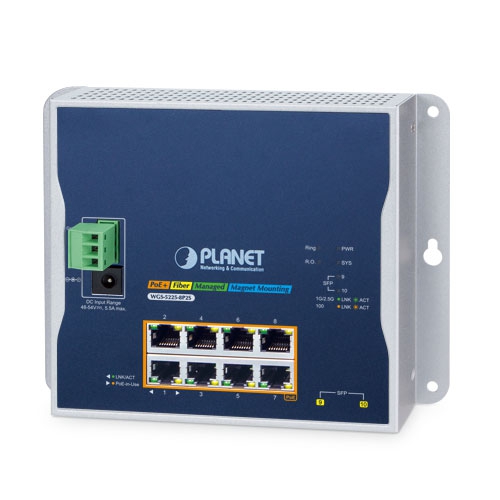 Industrial L2+ 8-Port 10/100/1000T 802.3at PoE + 2-Port 1G/2.5G SFP Wall-mount Managed Switch WGS-5225-8P2S