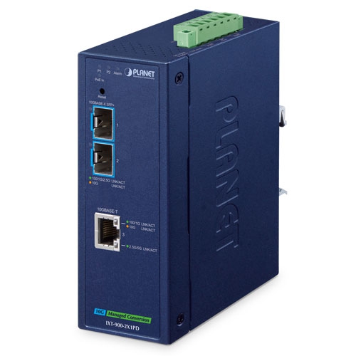 Industrial 2-Port 10GBASE-X SFP+ + 1-Port 10GBASE-T PoE PD Managed Media Converter IXT-900-2X1PD