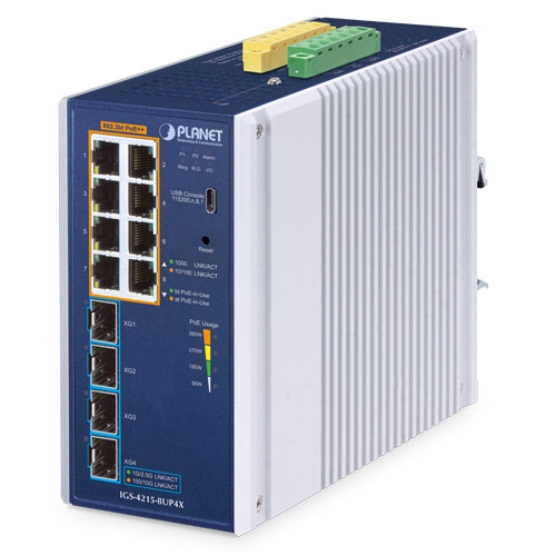 Industrial L2/L4 8-Port 10/100/1000T 802.3bt PoE + 4-Port 10G SFP+ Managed Ethernet Switch IGS-4215-8UP4X